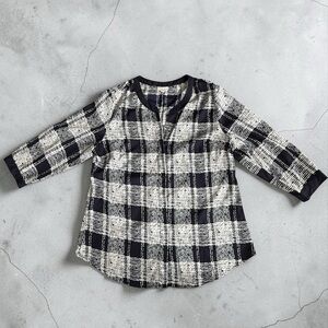 Women's Navy Blue and White Plaid Button-Front Blouse